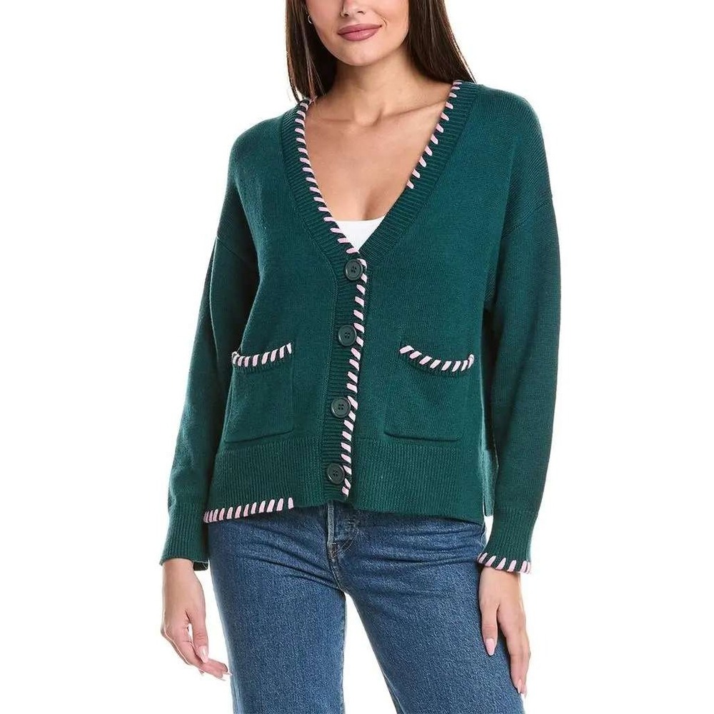 WISPR Womens Parker Plait Silk Blend Cardigan Green Pink Contrast‎ Stitch V-Neck